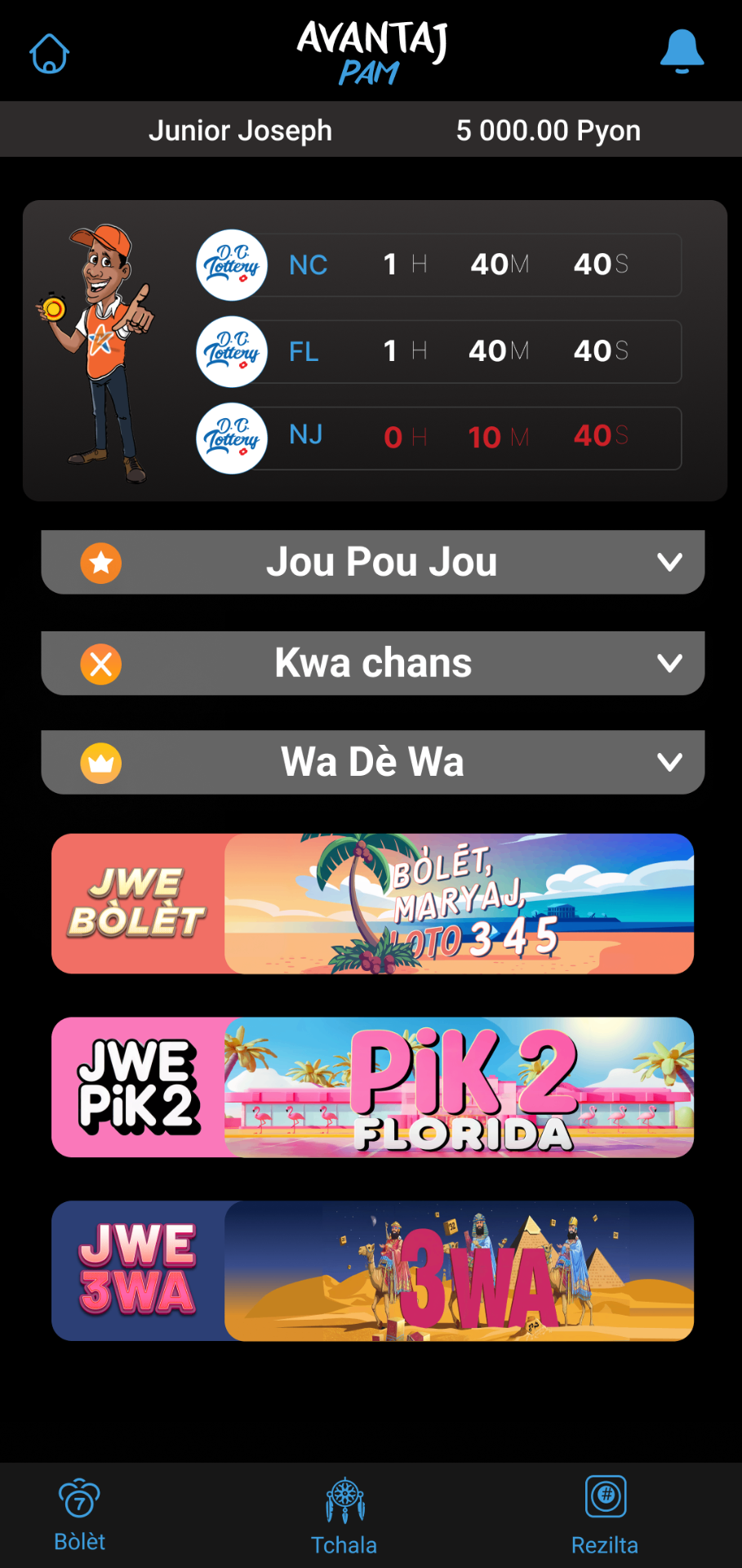 Ekran tout jwèt Avantaj Pam ak Bòlèt, Paryaj Spòtif, Loto Ghana ak plis